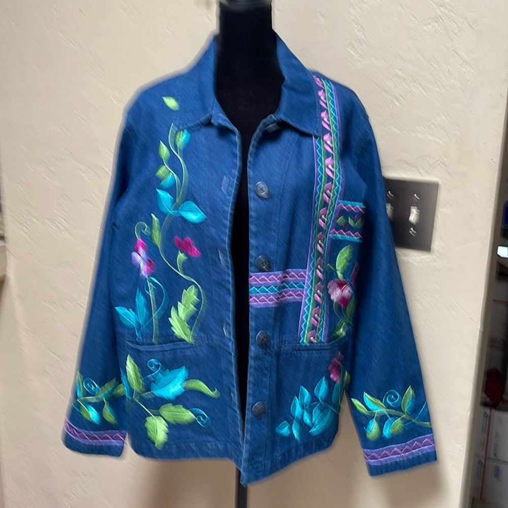 embroidered denim chore coat jacket by coldwater creek XL